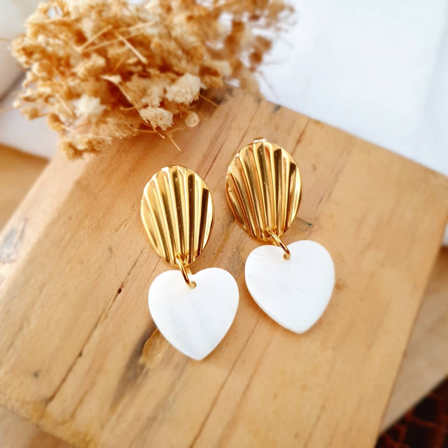 Boucles pendantes acier inoxydable coeur coquillage