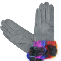 Gants gris avec fourrure multicolore au poignet