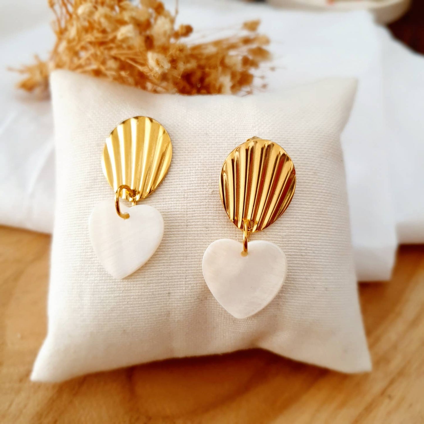 Boucles pendantes acier inoxydable coeur coquillage