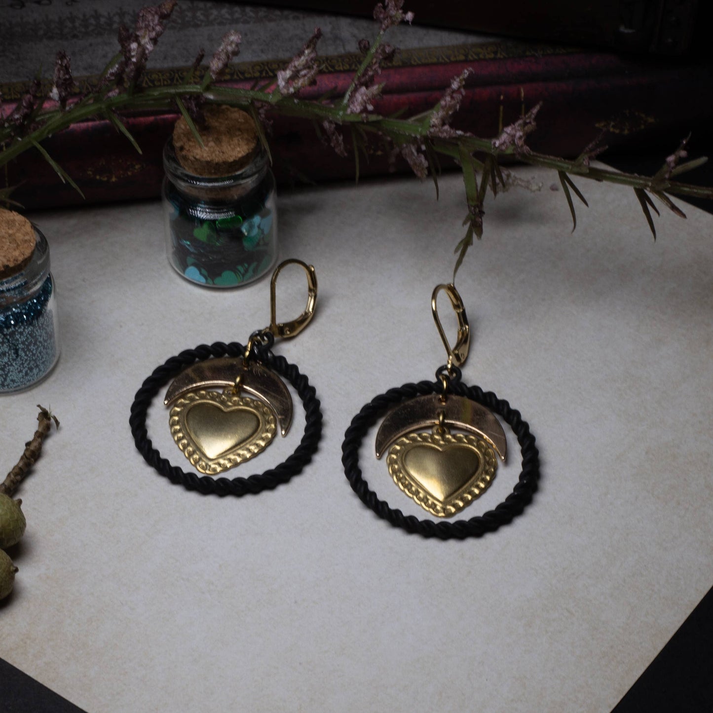 Boucles d'oreilles Créoles noires et Coeur