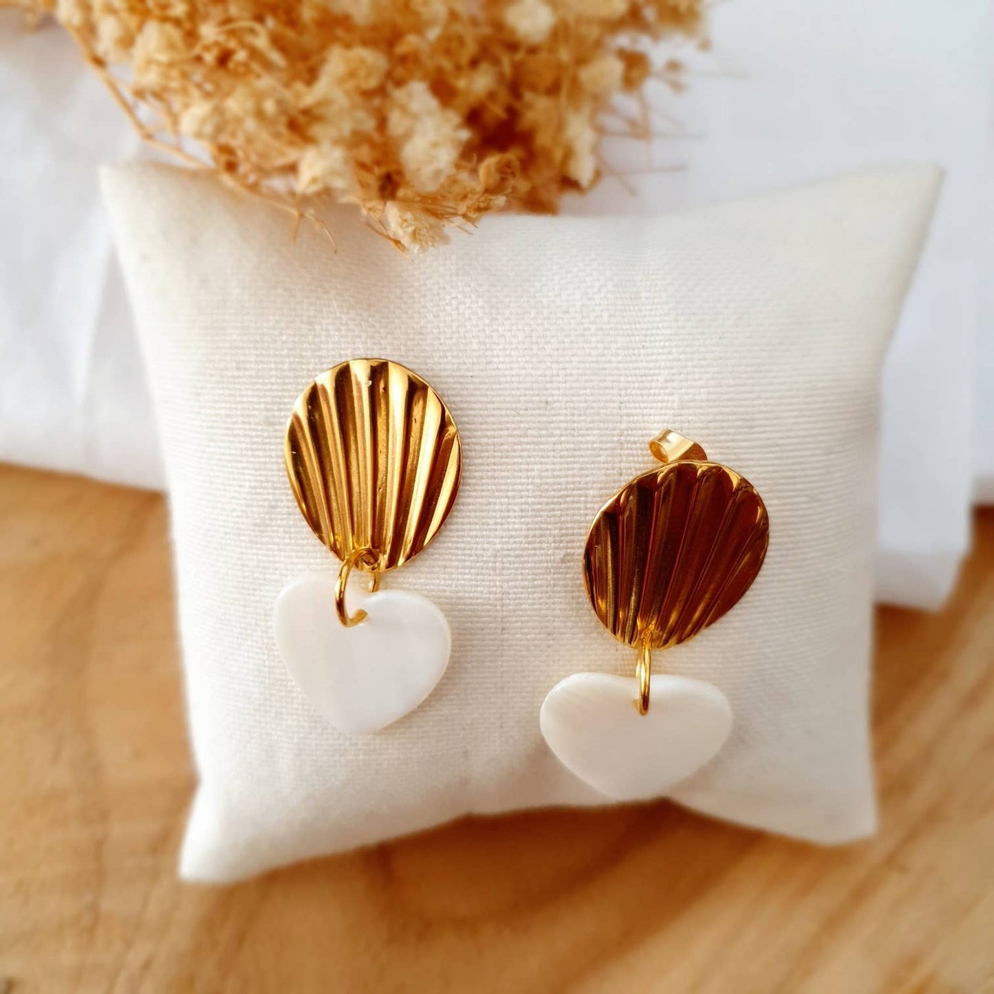 Boucles pendantes acier inoxydable coeur coquillage