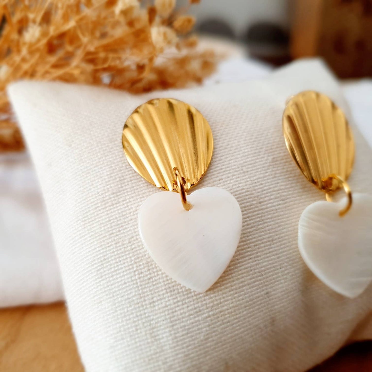 Boucles pendantes acier inoxydable coeur coquillage