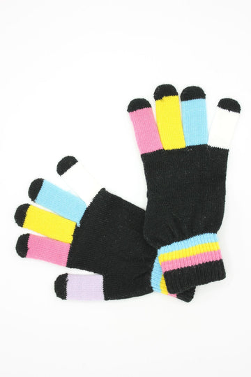 Gants noirs à doigts multicolores