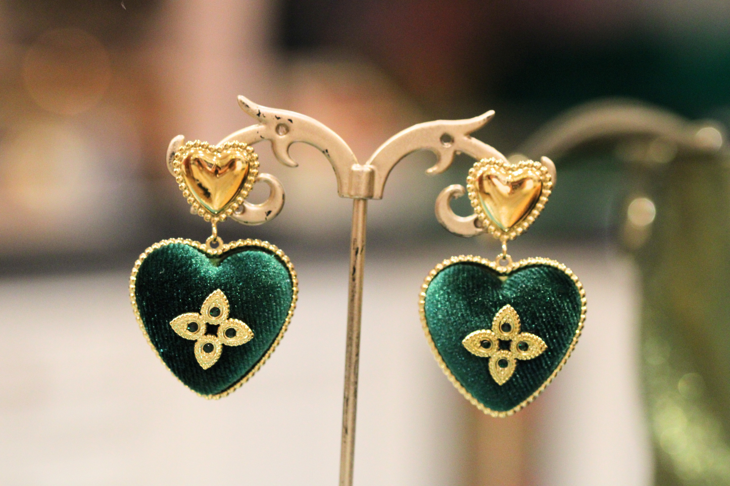 Boucles d'Oreilles en Velours Vert et Acier Inoxydable