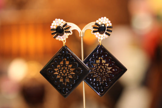 Boucles d'Oreilles clips Carré Noir avec Strass