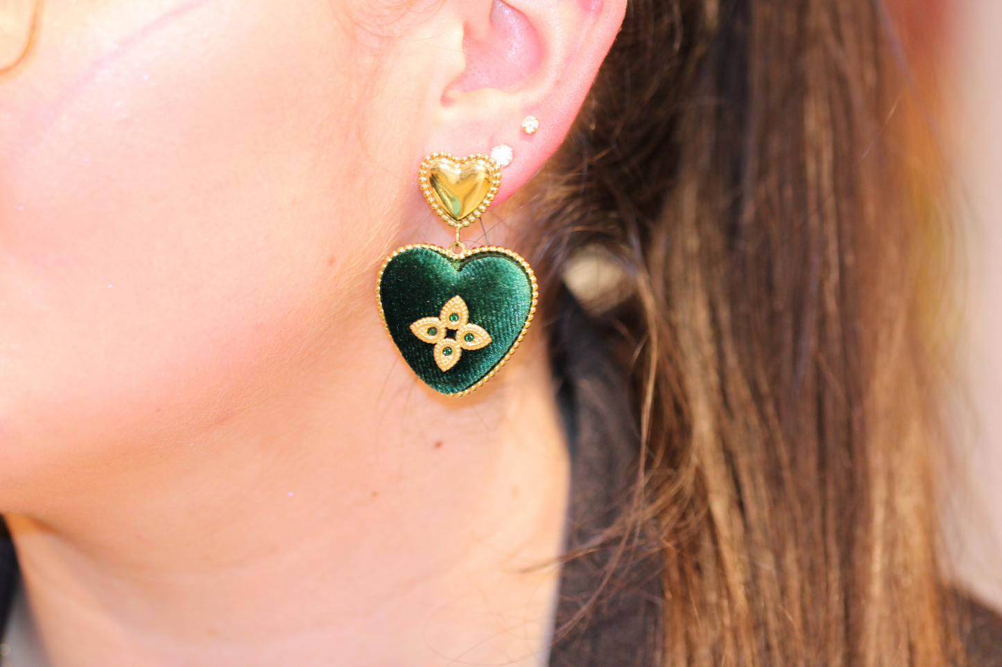 Boucles d'Oreilles en Velours Vert et Acier Inoxydable